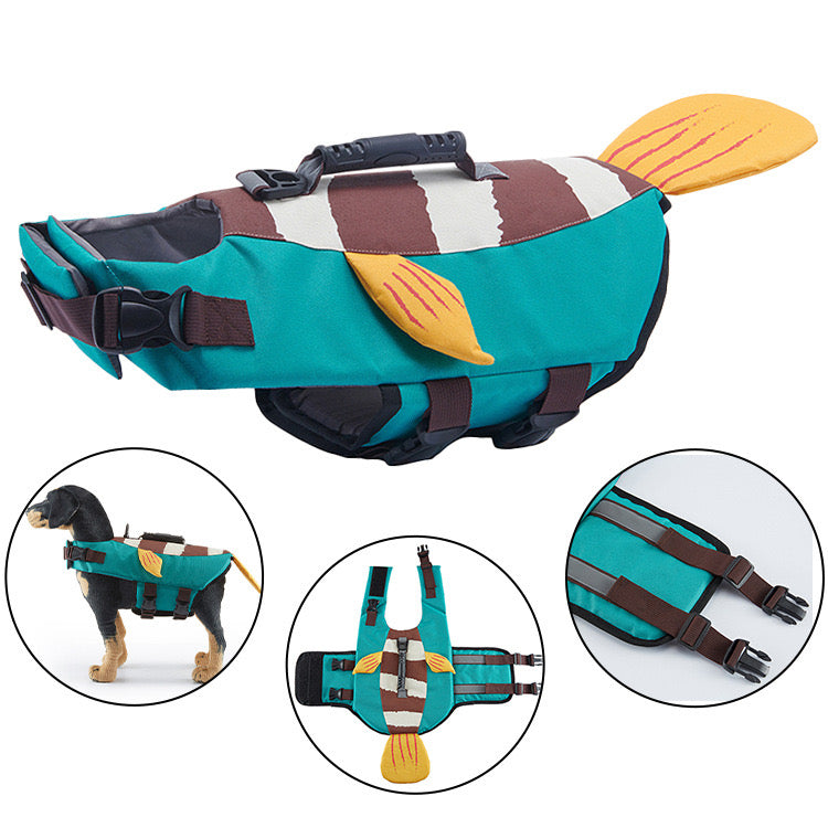 Fish animal design dog life vest, ensures pet safety during swimming and boating