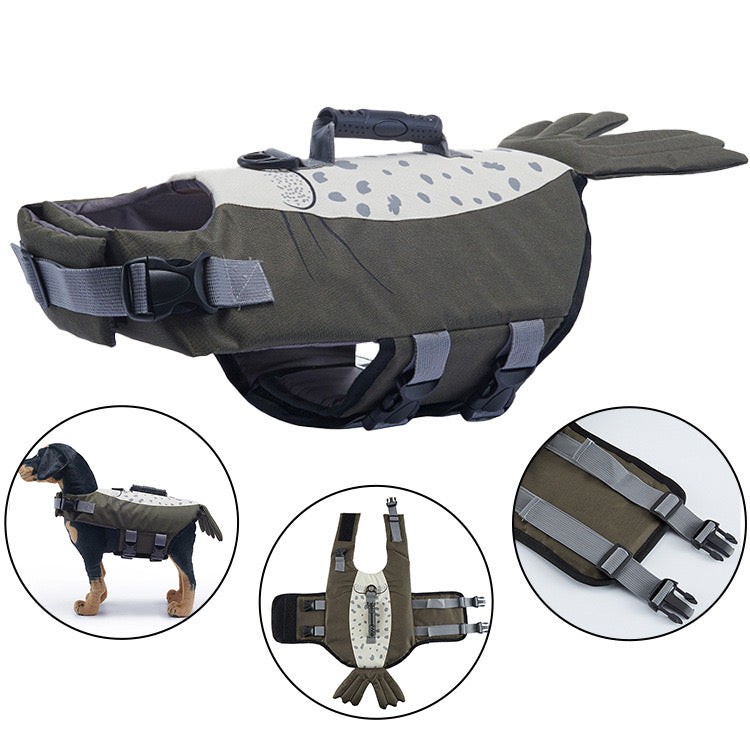 Close-up of dog life vest fabric, reflective strip for enhanced pet visibility in water