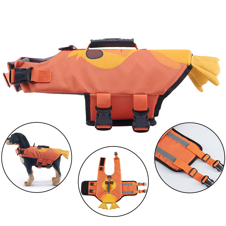 Adjustable buckles on dog life vest, ensuring a snug and secure fit for pet comfort