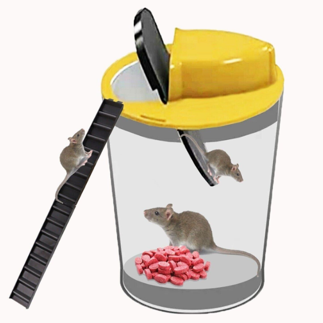 Yellow humane auto reset bucket mouse trap, effective for no-kill rodent control & pest management.