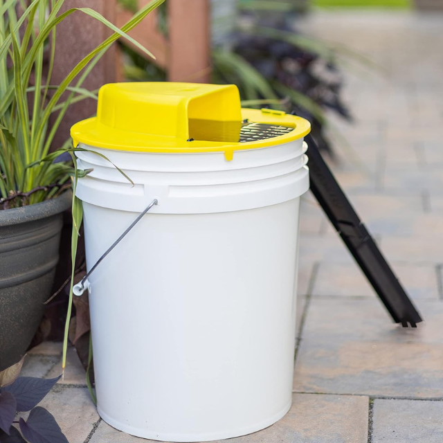Detailed view of humane auto reset bucket mouse trap, perfect for safe and reusable rodent control.