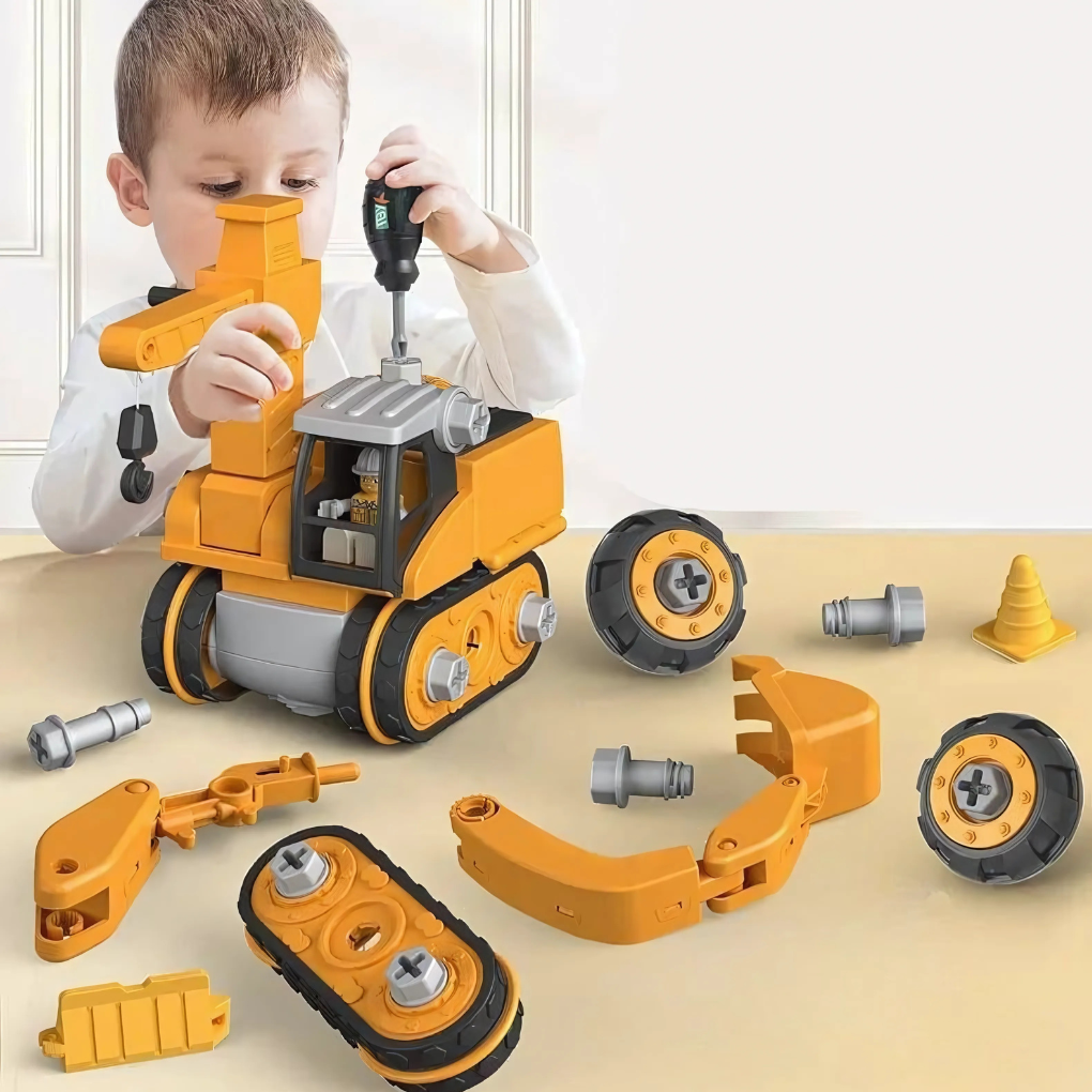 Yellow kids' DIY excavator toy set. STEM construction building kit for creative play & learning. Educational engineering gift.