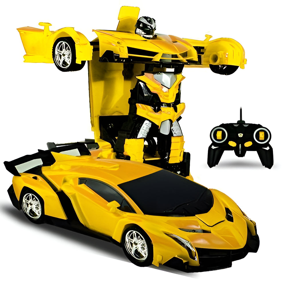 Yellow & red 2-in-1 RC transforming robot car toy mid-transformation from vehicle to action figure, for kids.