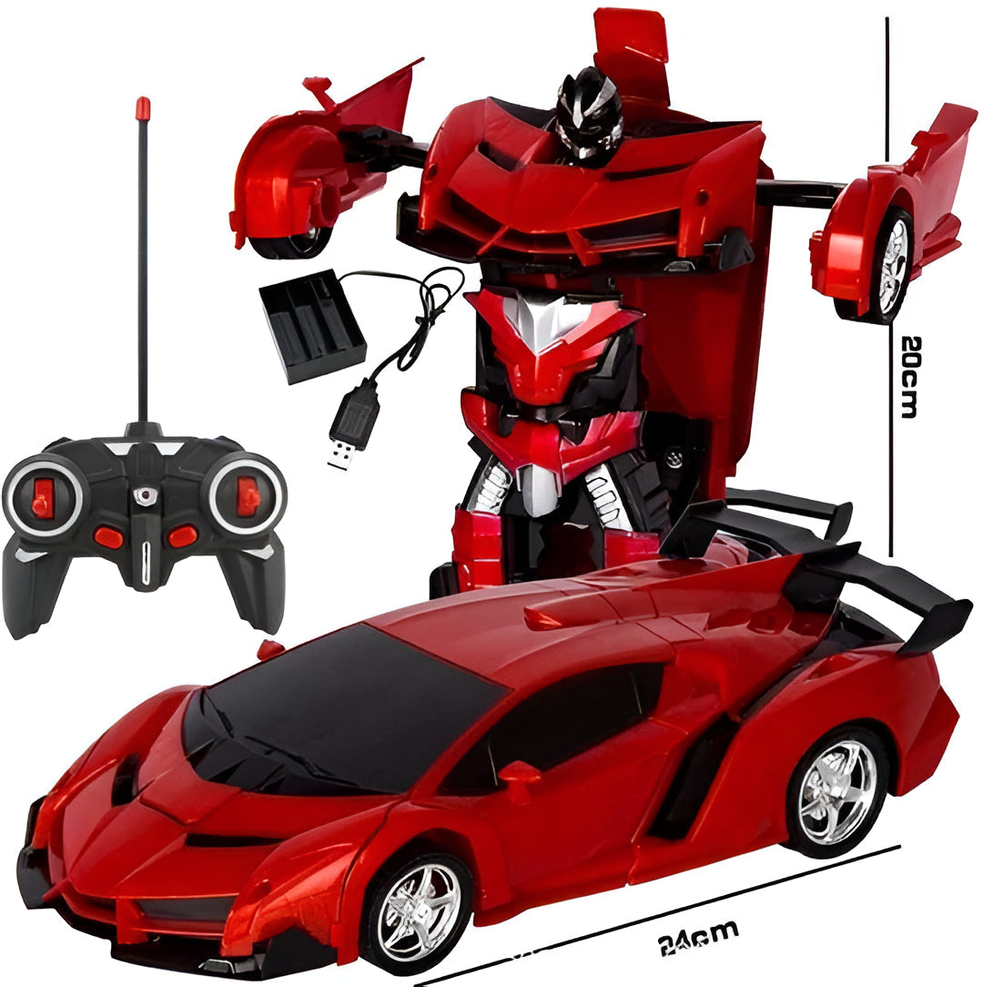 Remote control yellow, red & blue transforming vehicle toy for kids, speeding as an RC car on a play track.