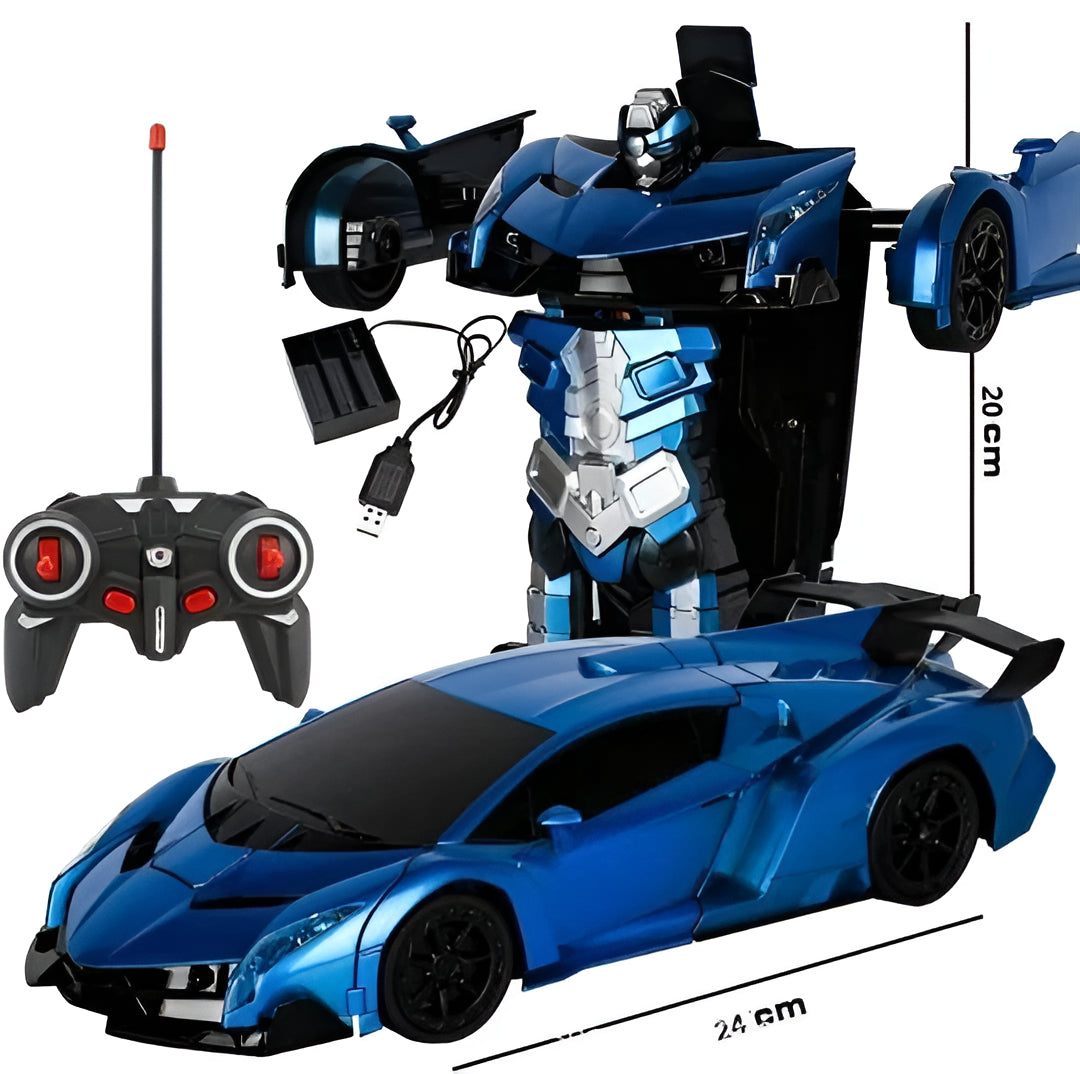 Interactive yellow and red robot action figure transforming toy for kids, standing upright in its full robot mode.
