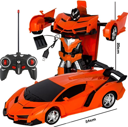 Exciting 2-in-1 RC robot car toy in yellow & red, a perfect interactive transforming gift for boys & girls.