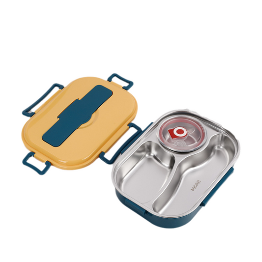 Yellow thermal stainless steel lunch box. Insulated & leakproof bento, perfect for warm meal prep & food storage.