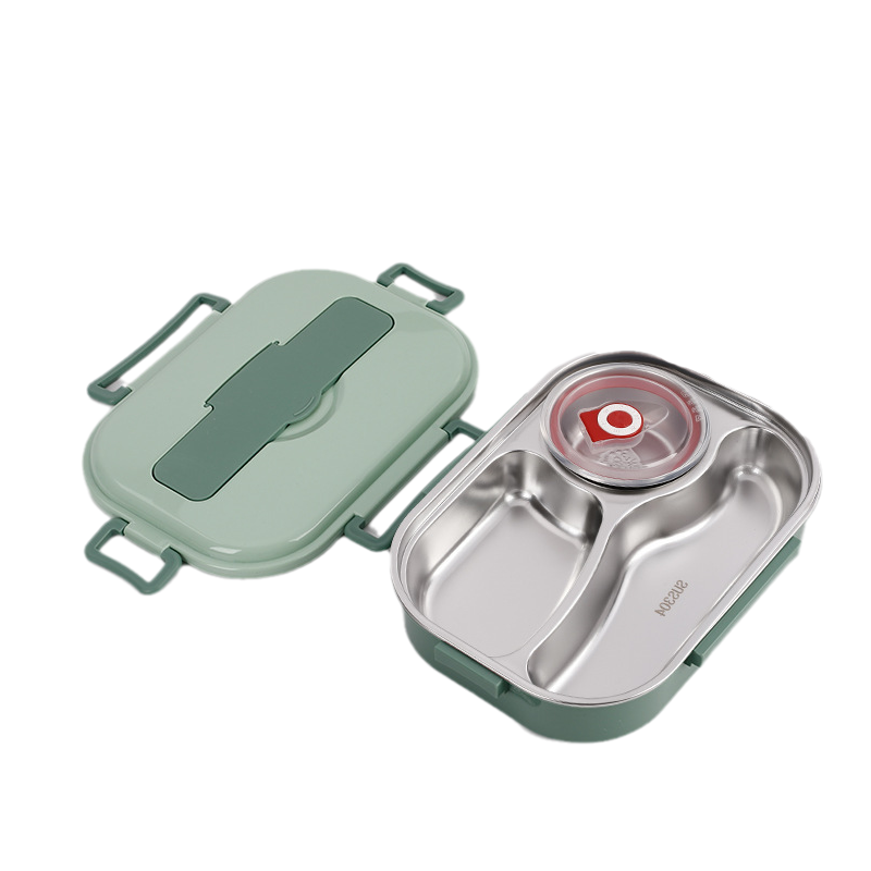 Green insulated stainless steel bento box, a portable thermal food container for warm meals & daily prep.