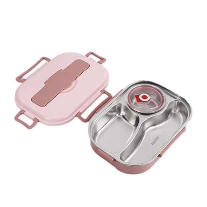 Pink leakproof thermal lunch box, stainless steel design keeps meals warm for work or school.